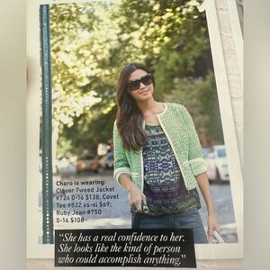 Cabi size 6 Clover Tweed Jacket Green and cream with zippers with ribbon trim